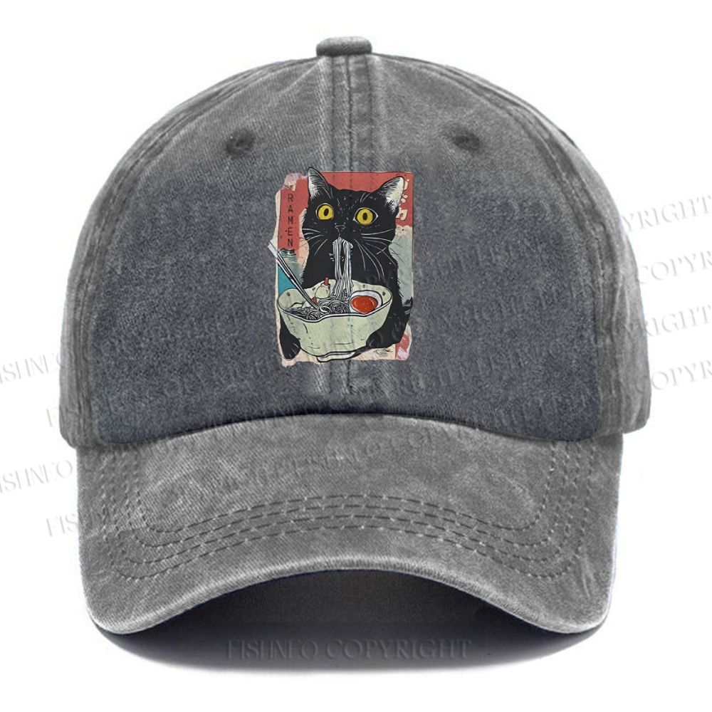 Unisex Cute Cat Eating Ramen Vintage Casual Washed Cap