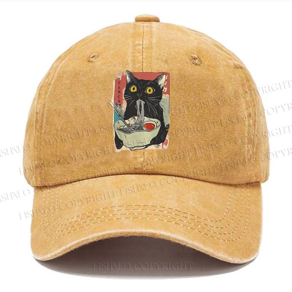 Unisex Cute Cat Eating Ramen Vintage Casual Washed Cap