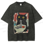 Unisex Cute Cat Eating Ramen Printed Washed Tee