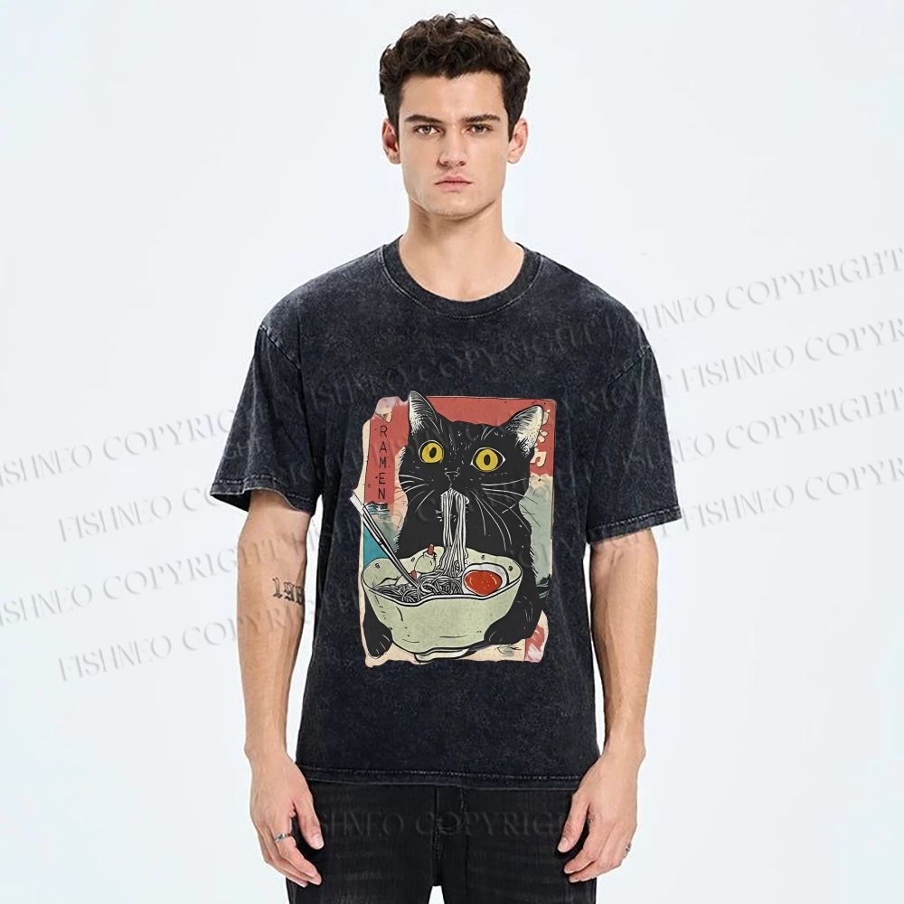 Unisex Cute Cat Eating Ramen Printed Washed Tee