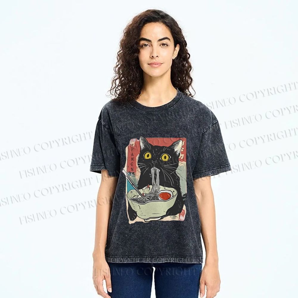 Unisex Cute Cat Eating Ramen Printed Washed Tee