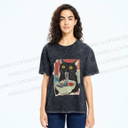 Unisex Cute Cat Eating Ramen Printed Washed Tee