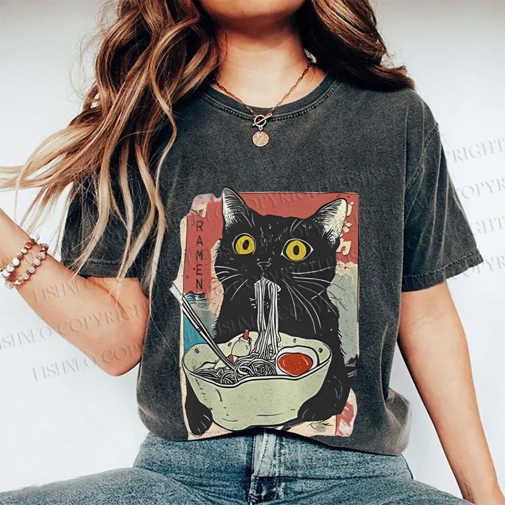 Unisex Cute Cat Eating Ramen Printed Washed Tee