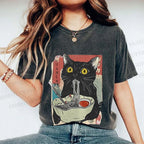 Unisex Cute Cat Eating Ramen Printed Washed Tee