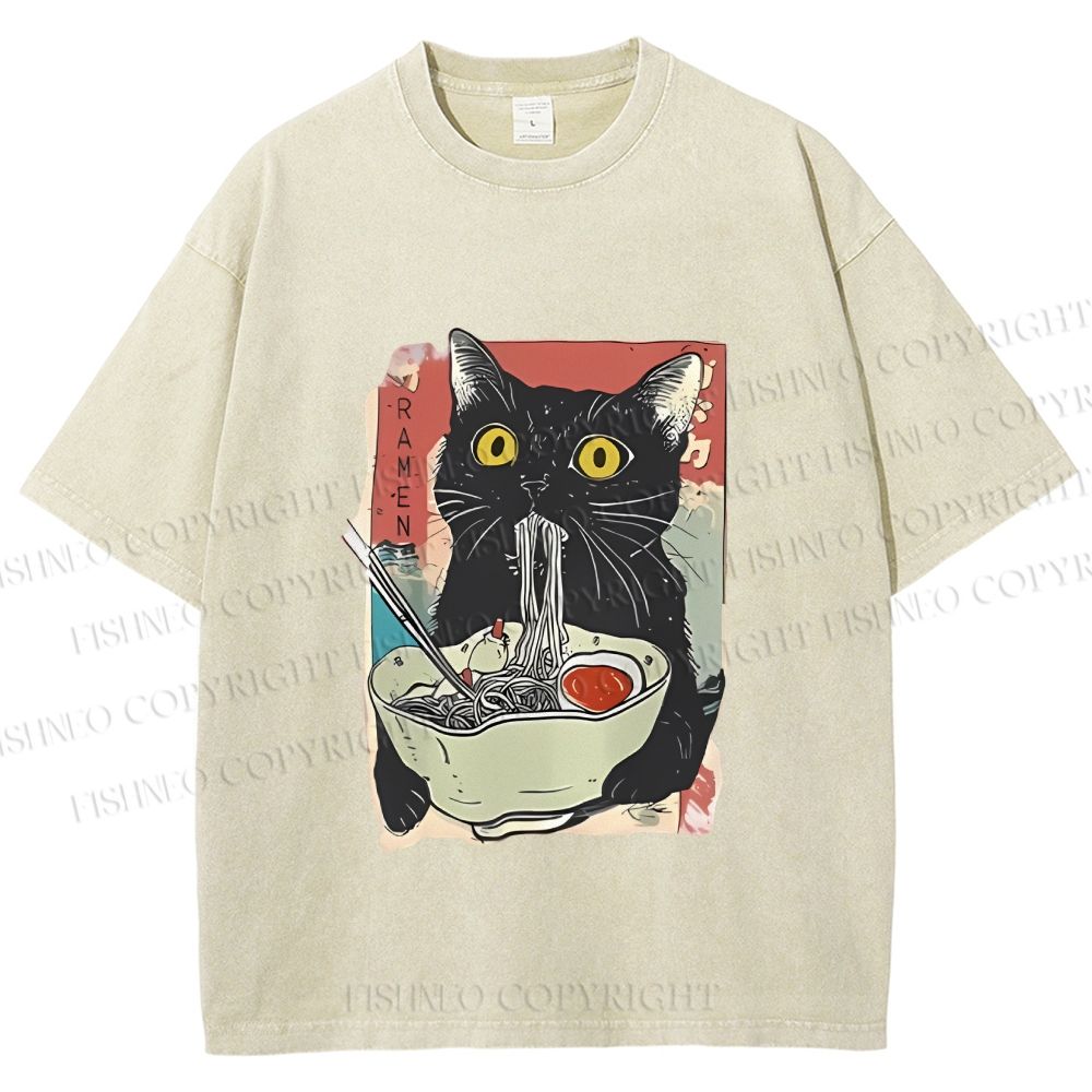 Unisex Cute Cat Eating Ramen Printed Washed Tee