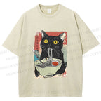 Unisex Cute Cat Eating Ramen Printed Washed Tee