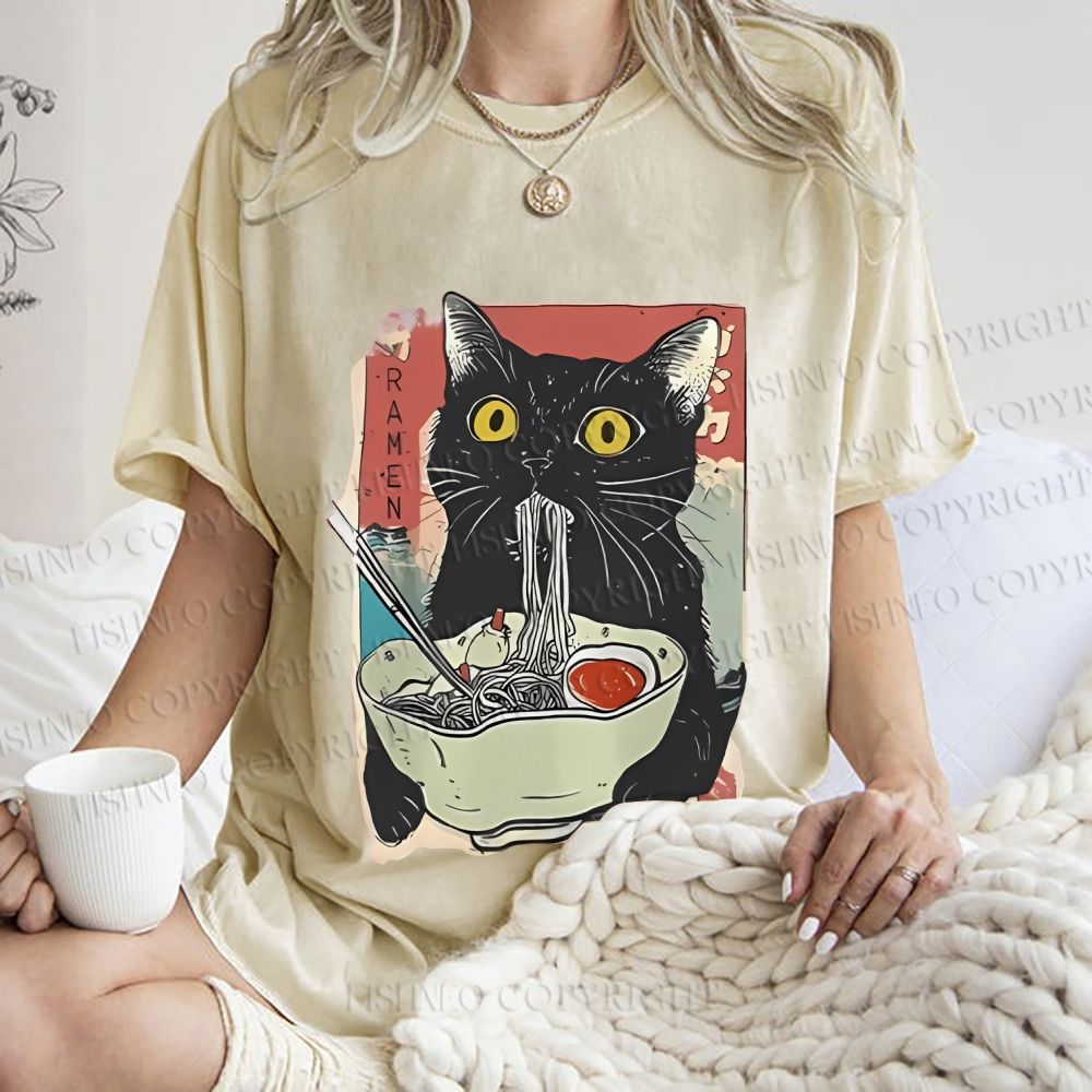 Unisex Cute Cat Eating Ramen Printed Washed Tee