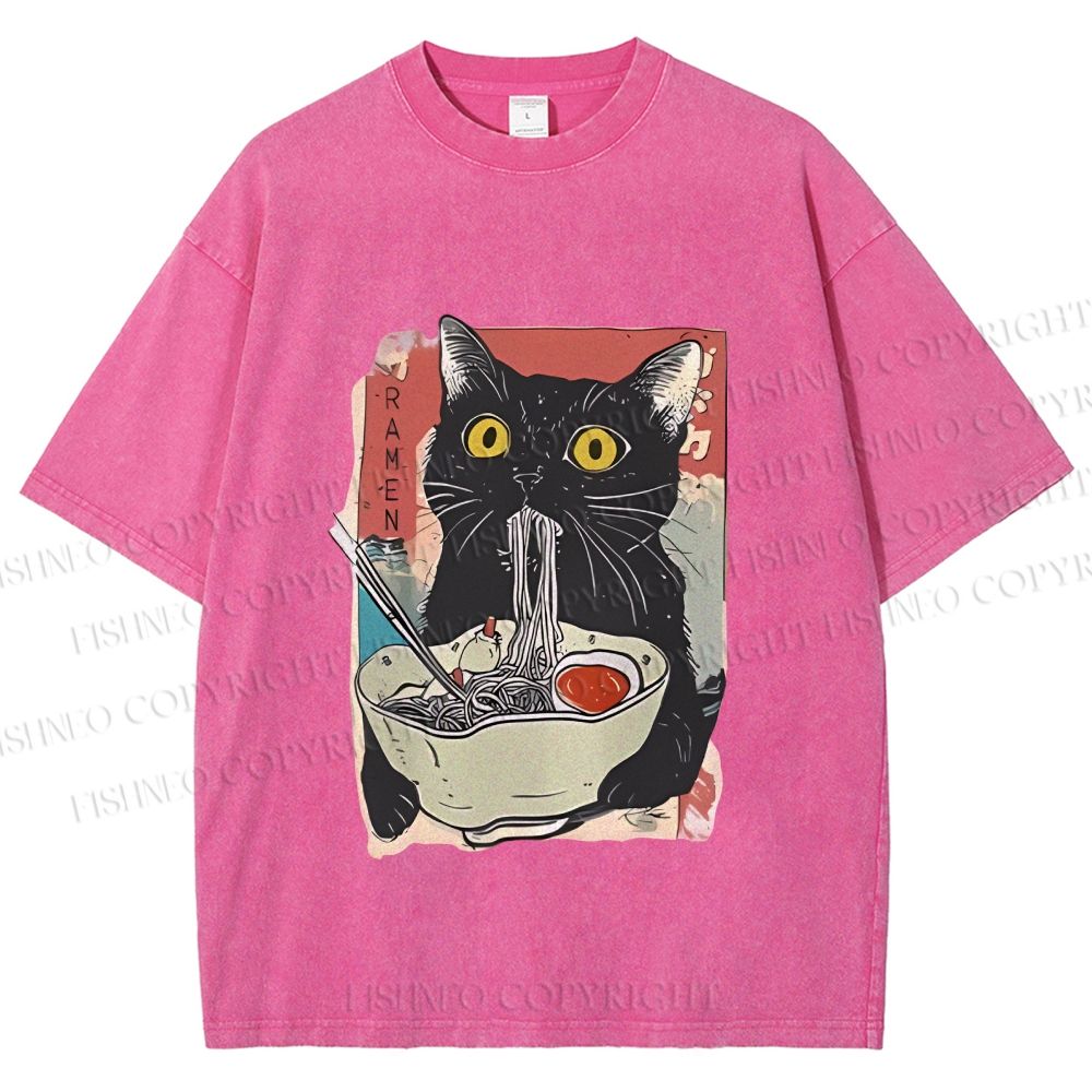 Unisex Cute Cat Eating Ramen Printed Washed Tee