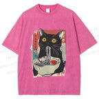Unisex Cute Cat Eating Ramen Printed Washed Tee