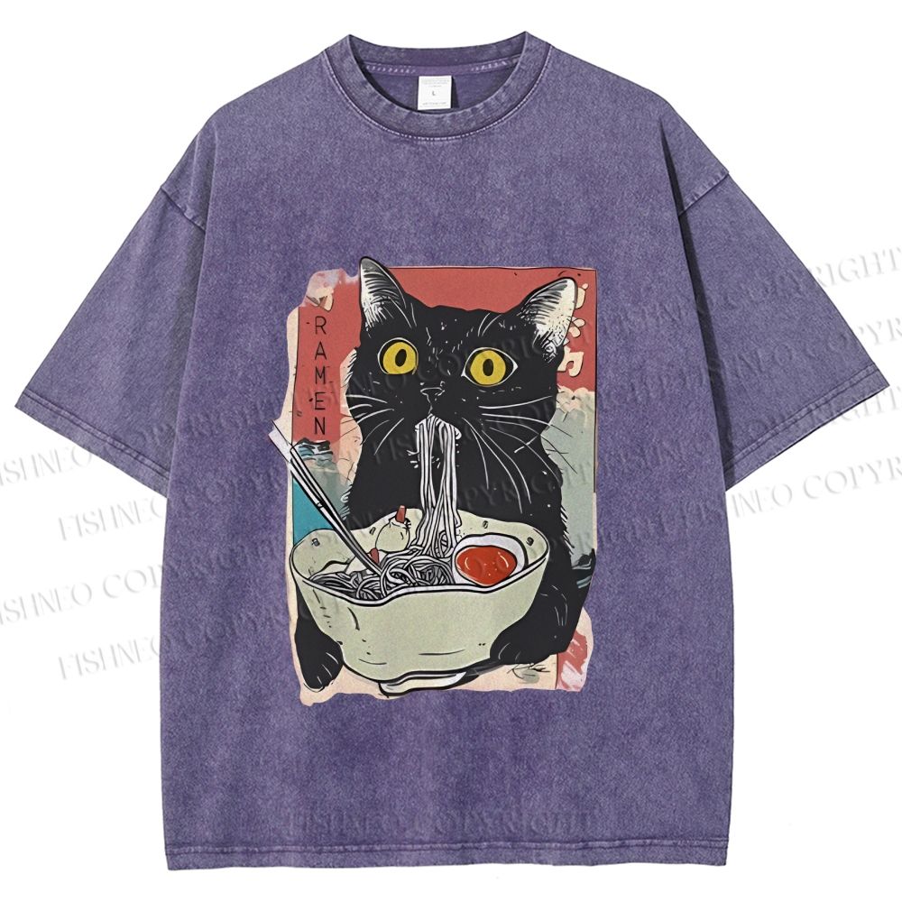 Unisex Cute Cat Eating Ramen Printed Washed Tee