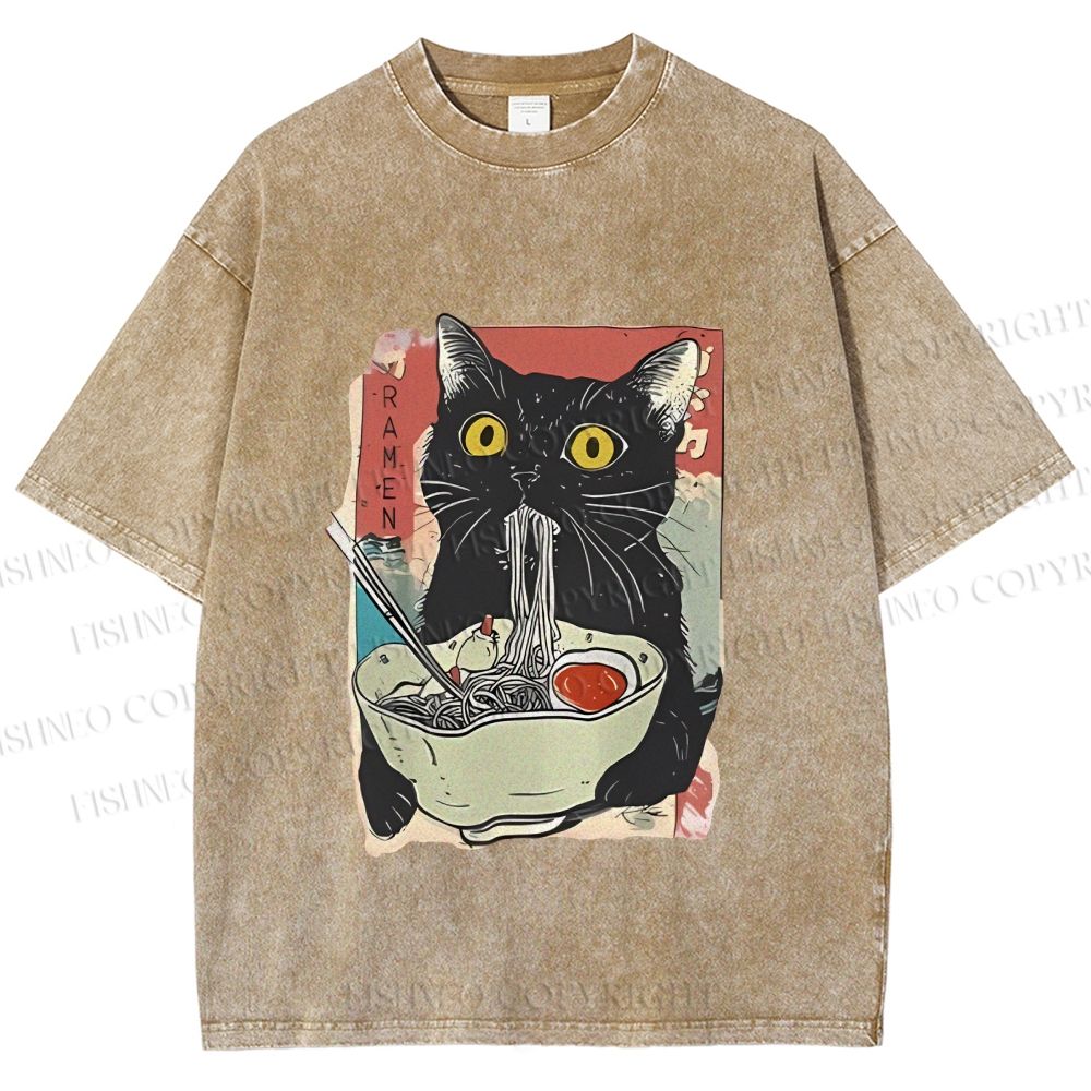 Unisex Cute Cat Eating Ramen Printed Washed Tee