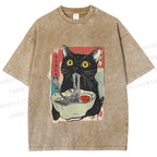 Unisex Cute Cat Eating Ramen Printed Washed Tee