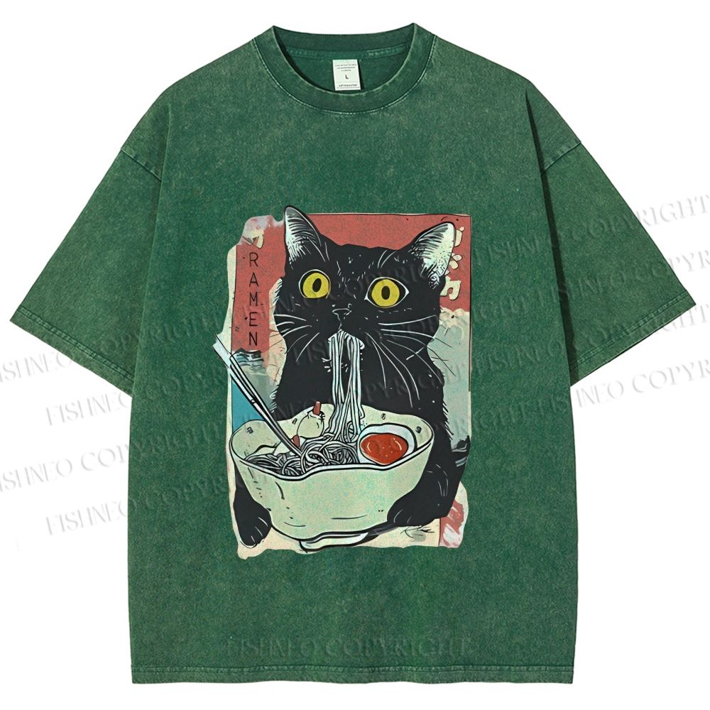 Unisex Cute Cat Eating Ramen Printed Washed Tee