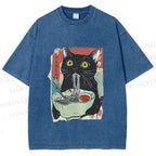 Unisex Cute Cat Eating Ramen Printed Washed Tee