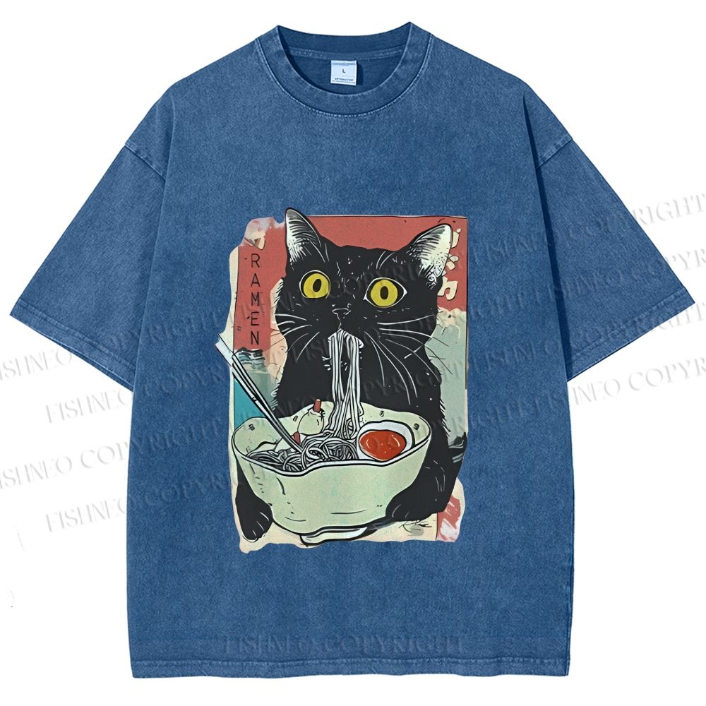 Unisex Cute Cat Eating Ramen Printed Washed Tee