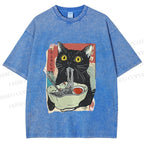 Unisex Cute Cat Eating Ramen Printed Washed Tee