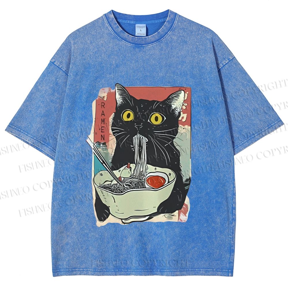 Unisex Cute Cat Eating Ramen Printed Washed Tee
