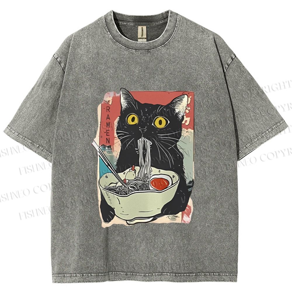 Unisex Cute Cat Eating Ramen Printed Washed Tee