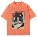 Unisex Cute Cat Eating Ramen Printed Washed Tee
