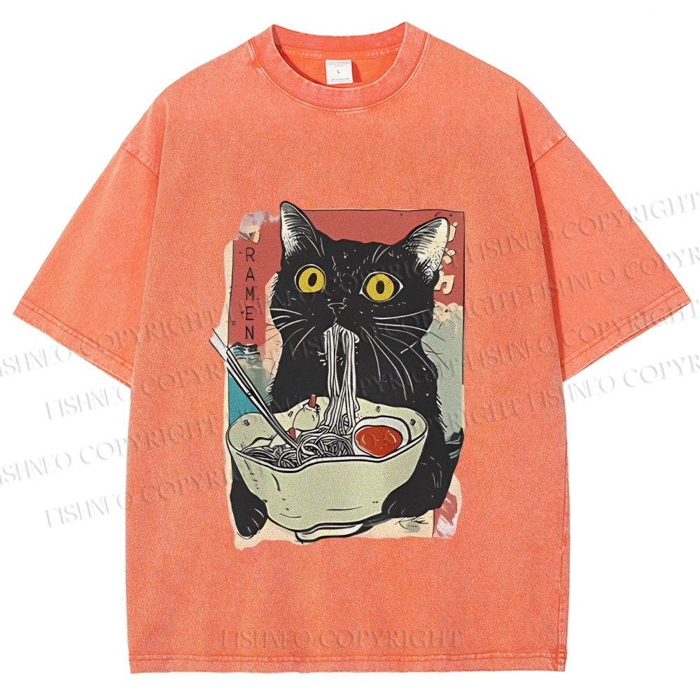 Unisex Cute Cat Eating Ramen Printed Washed Tee