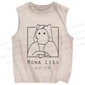Unisex Mona Lisa Cat Printed Washed Tank Top