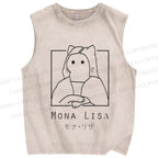 Unisex Mona Lisa Cat Printed Washed Tank Top