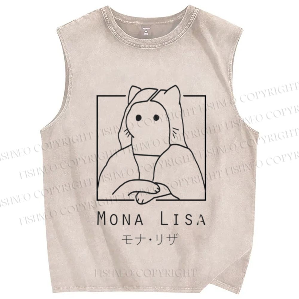 Unisex Mona Lisa Cat Printed Washed Tank Top