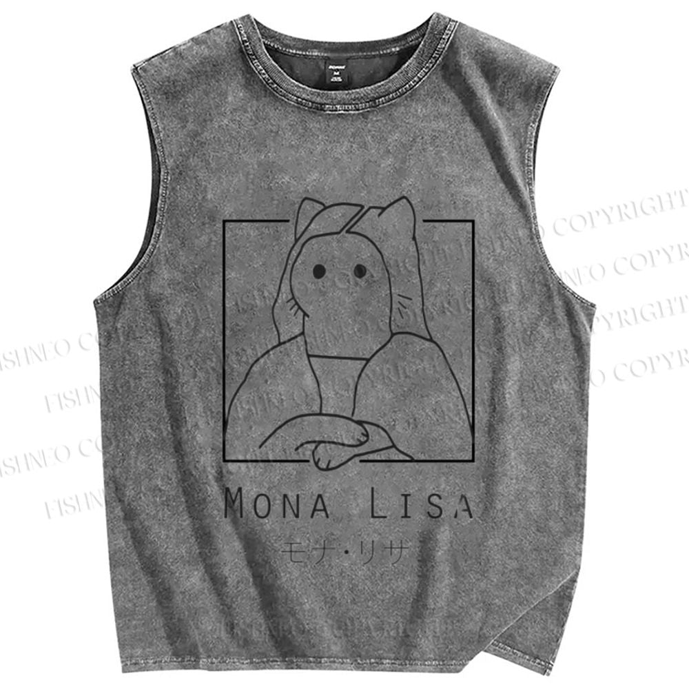 Unisex Mona Lisa Cat Printed Washed Tank Top