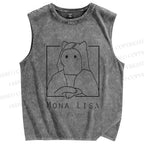 Unisex Mona Lisa Cat Printed Washed Tank Top