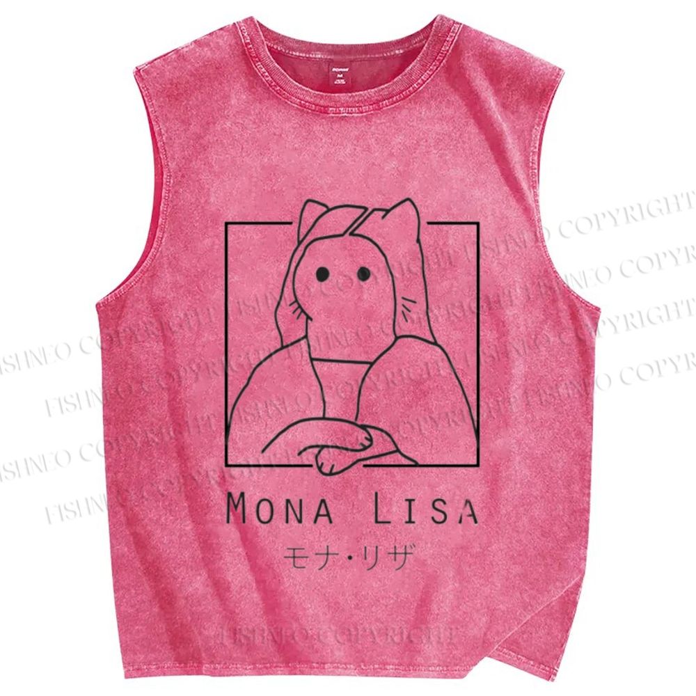 Unisex Mona Lisa Cat Printed Washed Tank Top