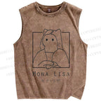 Unisex Mona Lisa Cat Printed Washed Tank Top