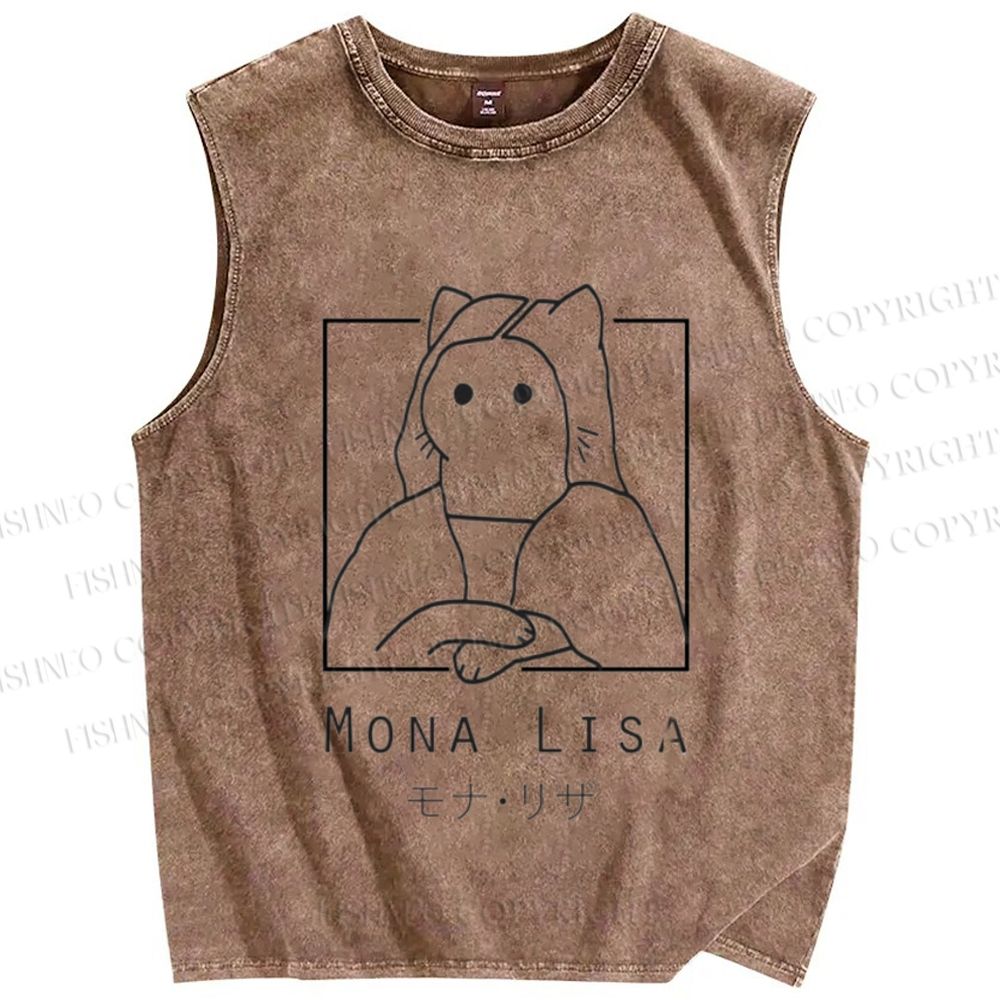 Unisex Mona Lisa Cat Printed Washed Tank Top