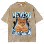 Unisex Mewing Not Meowing Cat Meme Printed Washed Tee