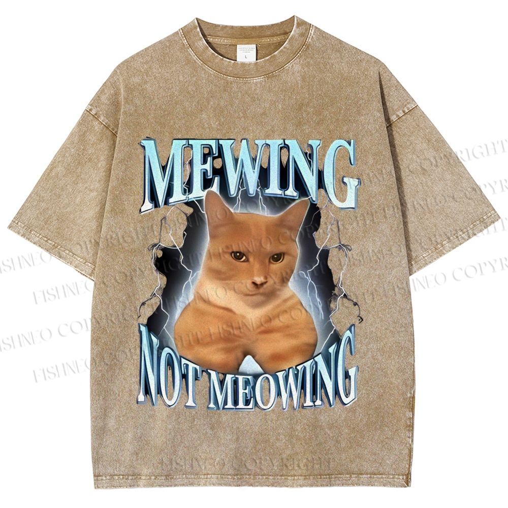 Unisex Mewing Not Meowing Cat Meme Printed Washed Tee