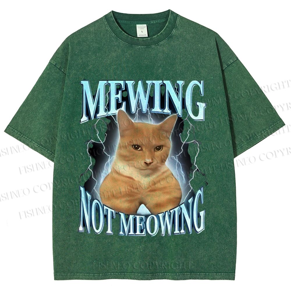 Unisex Mewing Not Meowing Cat Meme Printed Washed Tee