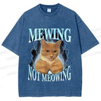 Unisex Mewing Not Meowing Cat Meme Printed Washed Tee