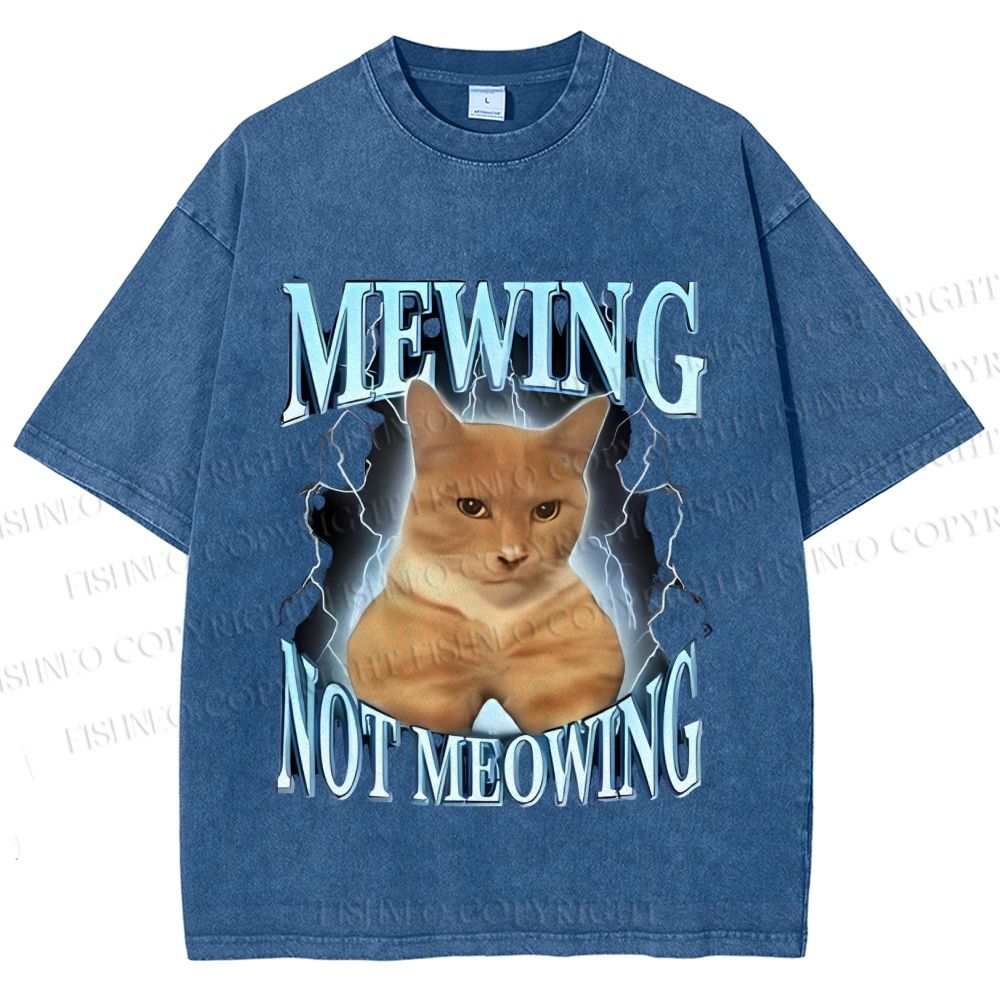 Unisex Mewing Not Meowing Cat Meme Printed Washed Tee