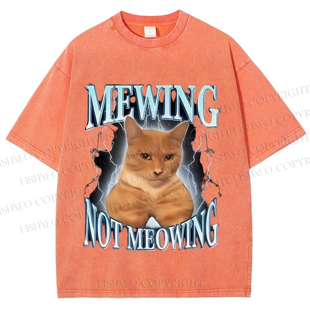 Unisex Mewing Not Meowing Cat Meme Printed Washed Tee