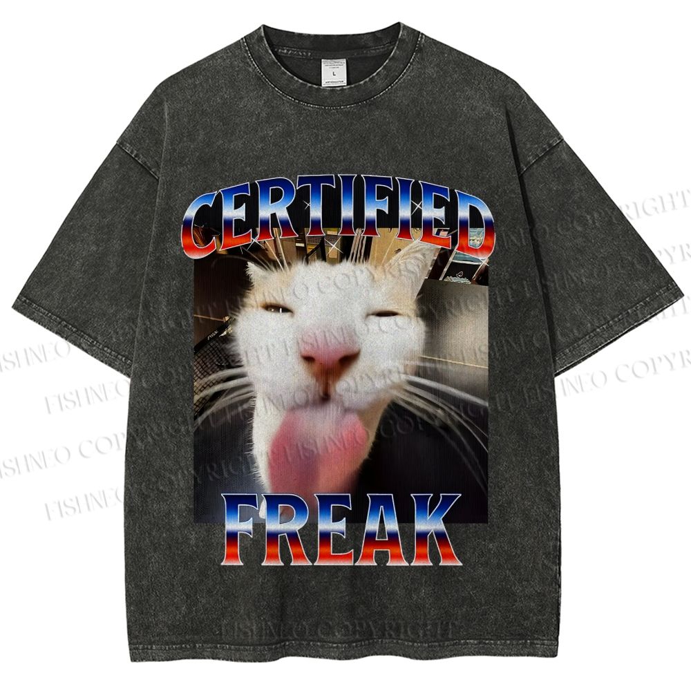 Unisex Certified Freak Cat Meme Printed Washed Tee
