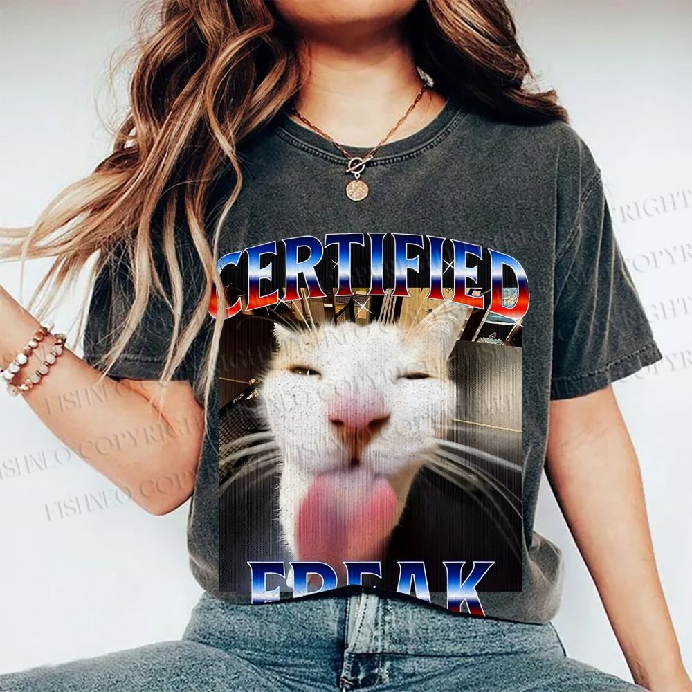 Unisex Certified Freak Cat Meme Printed Washed Tee