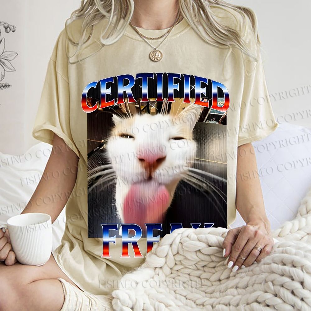 Unisex Certified Freak Cat Meme Printed Washed Tee