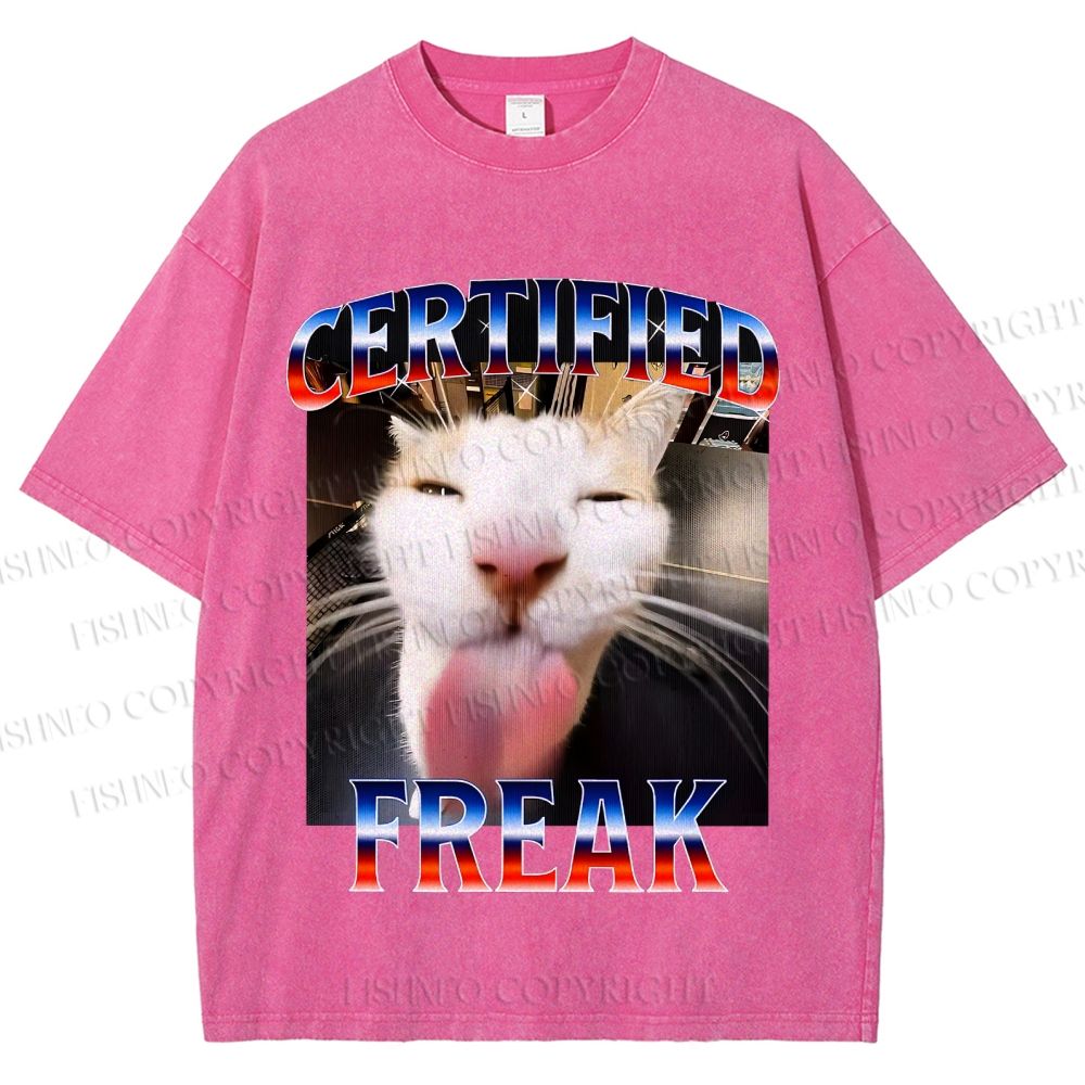 Unisex Certified Freak Cat Meme Printed Washed Tee