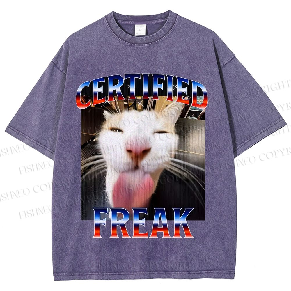 Unisex Certified Freak Cat Meme Printed Washed Tee