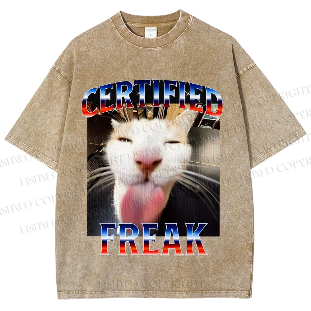 Unisex Certified Freak Cat Meme Printed Washed Tee