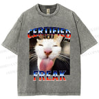 Unisex Certified Freak Cat Meme Printed Washed Tee