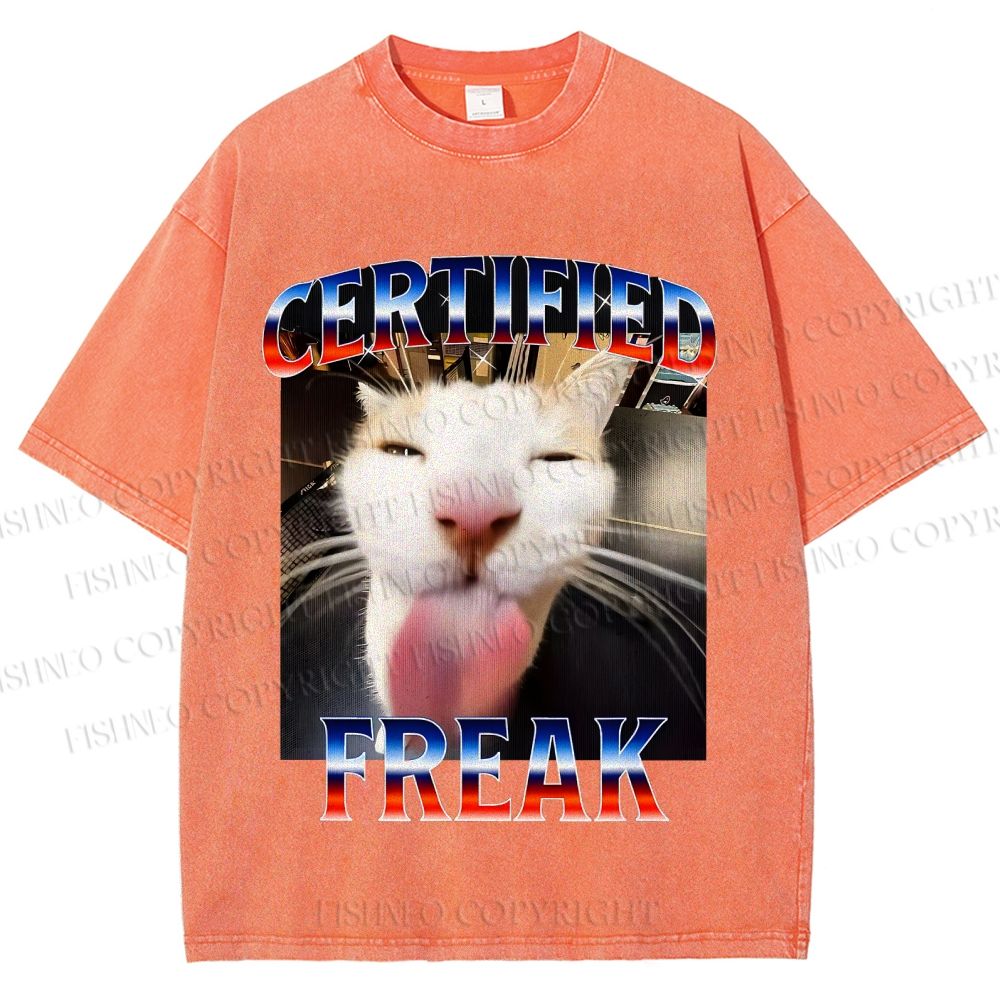 Unisex Certified Freak Cat Meme Printed Washed Tee