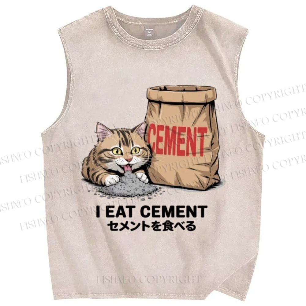 Unisex I Eat Cement Cat Printed Washed Tank Top
