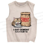 Unisex I Eat Cement Cat Printed Washed Tank Top