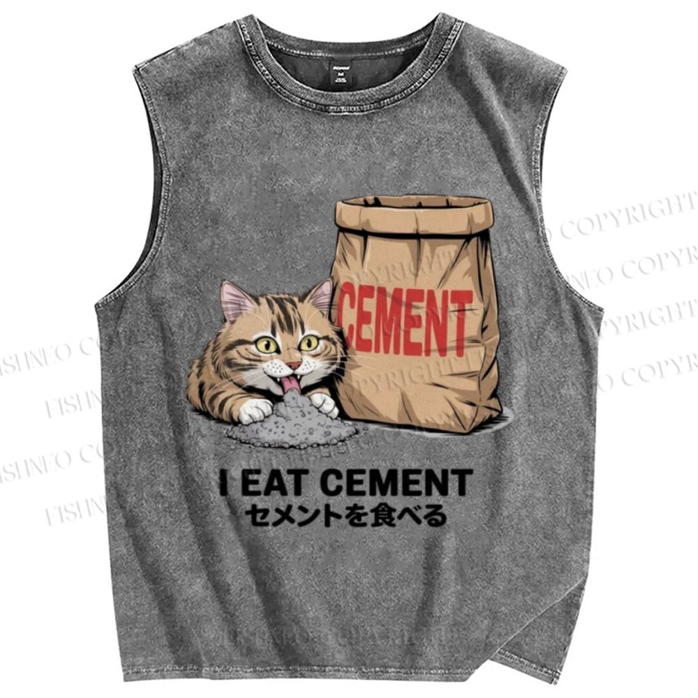 Unisex I Eat Cement Cat Printed Washed Tank Top