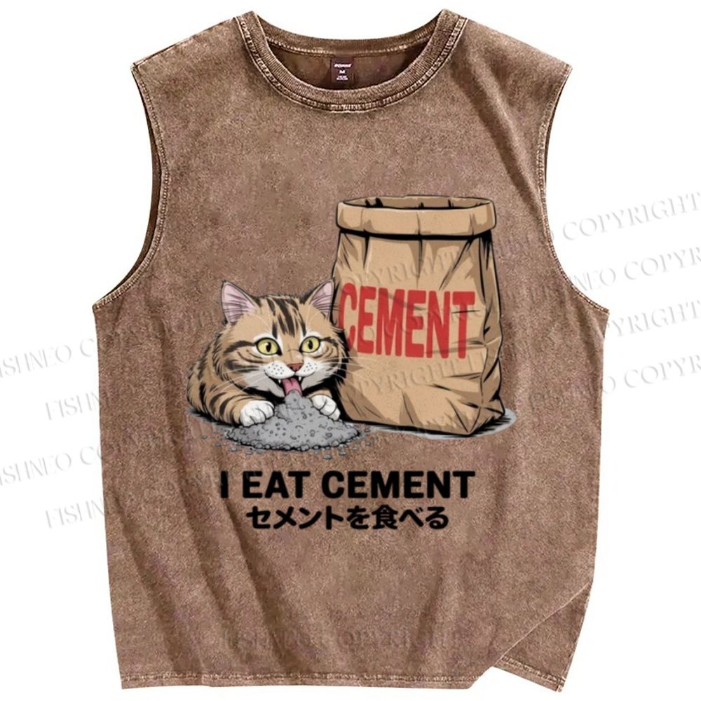 Unisex I Eat Cement Cat Printed Washed Tank Top